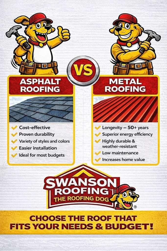 Asphalt Shingle vs metal roofing info graphic.

Asphalt Shingles:
Cost effective
Proven Durability
Variety of styles and colors 
Easier Installation
Ideal for most budgets

Metal Roofing :
Longevity - 50+ years
Superior energy effieciency
Highly durable & weather resistant
increases home value

Swanson Roofing
The Roofing Dog
Choose the roof that fits your needs & budget