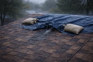 emergency roof leak repair. Roof with temporary tarp in rain 