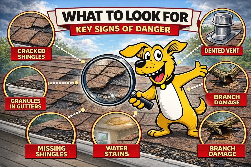 Here's what to look for from the ground and inside your home:

Missing, cracked, or curling shingles on the roof surface

Dents or dings on metal flashing or vents

Granules from shingles are collecting in your gutters

Water stains or discoloration

Sagging areas on the roof deck

Visible gaps or holes caused by fallen branches